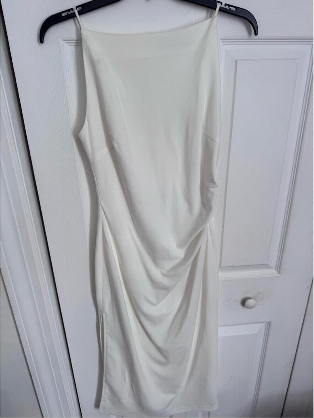 Sleek Ivory Draped Midi Dress with Slim Straps